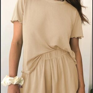 Beige Ribbed T-Shirt and Shorts Set